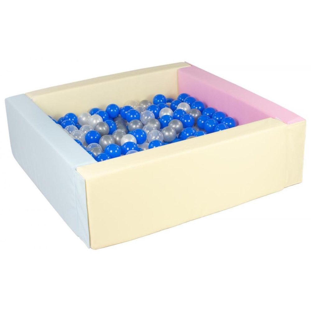 VELINDA Piscine à balles carrée avec 300 balles – rose, bleu, jaune p/perle, transparent, bleu, – argent